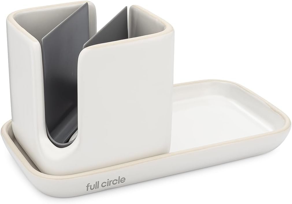 Full Circle Sinkside Ceramic Cleaning Station – Kitchen Sink Caddy & Sponge Holder, Countertop Organizer for Dish Brushes & Scrubbers – Dishwasher Safe, Rustproof, Compact Design, White
