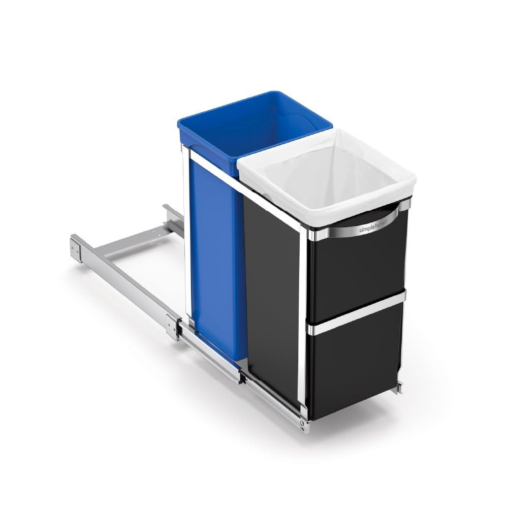 simplehuman 35 Liter / 9.3 Gallon Dual Compartment Under Counter Kitchen Cabinet Pull-Out Recycling Bin and Trash Can, Chrome