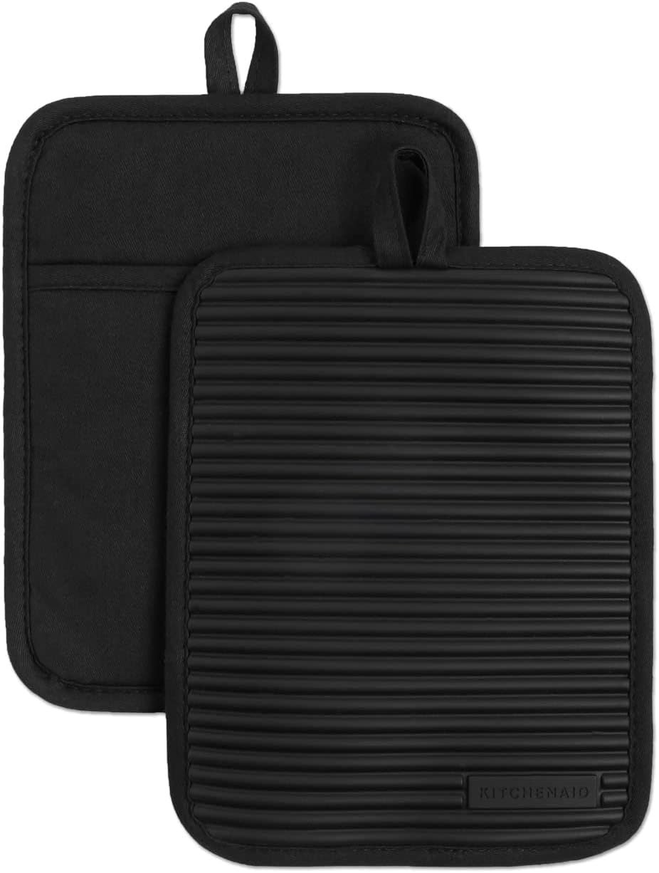 KITCHENAID Ribbed Soft Silicone Pot Holder 2-Pack Set, Matte Black, 7″x9″