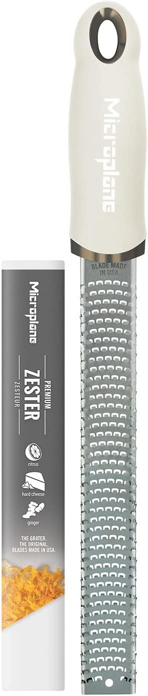 Microplane Zester Grater in Cashmere Beige for Citrus Fruits, Hard Cheese, Ginger, Chocolate and Nutmeg with Fine Stainless Steel Blade – Made in USA