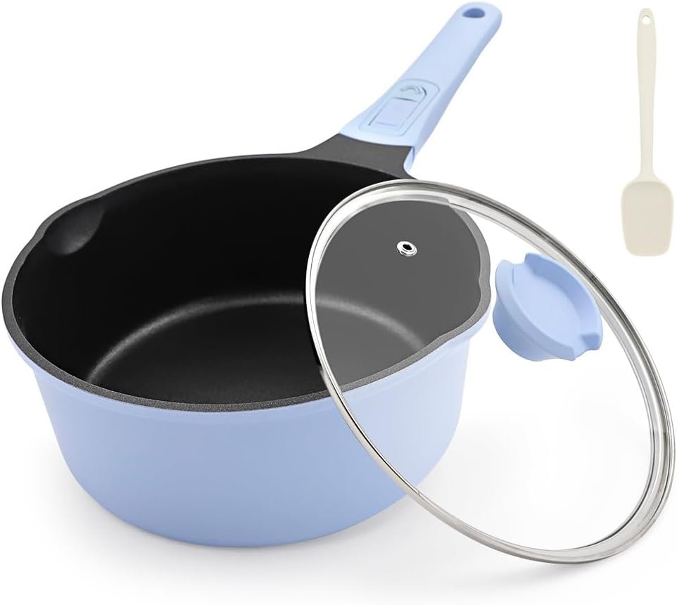 1.5 Qt Nonstick Sauce Pan with Lid, Small Sauce Pot with Pour Spout, Blue | Detachable Handle, Suitable for All Stoves, Including Induction, Oven Safe, PTFE & PFAS & PFOA Free