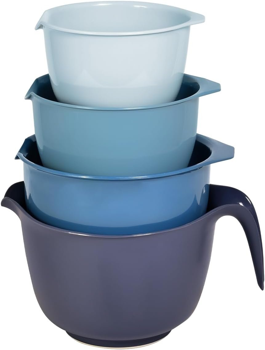 Glad Mixing Bowls with Pour Spout, Set of 4 – Nesting Plastic Bowls (1.2qt, 1.9qt, 2.8qt, and 3qt with Handle) – Non Slip Base, Dishwasher Safe Kitchen Cooking and Baking Supplies, Blue
