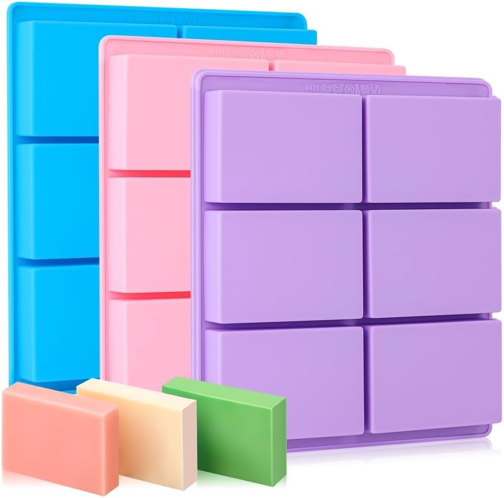 SJ Silicone Soap Molds 3 Packs, Rectangle Soap Molds for Soap Making, 6 Cavity Mold for Homemade Craft Soap Mold, Jelly, Chocolate & Ice Cube Trays(Blue, Purple & Pink)
