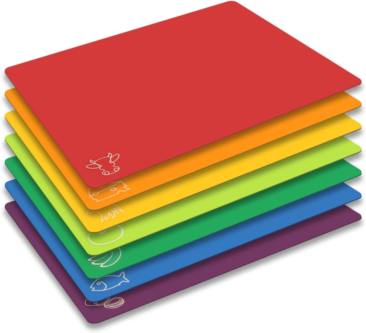 Cutting Board Mats Flexible Plastic Colored Mats with Food Icons, Fotouzy BPA-Free, Non-Porous, Anti-skid back and Dishwasher Safe, Set of 7 Rainbow – 7 Pieces