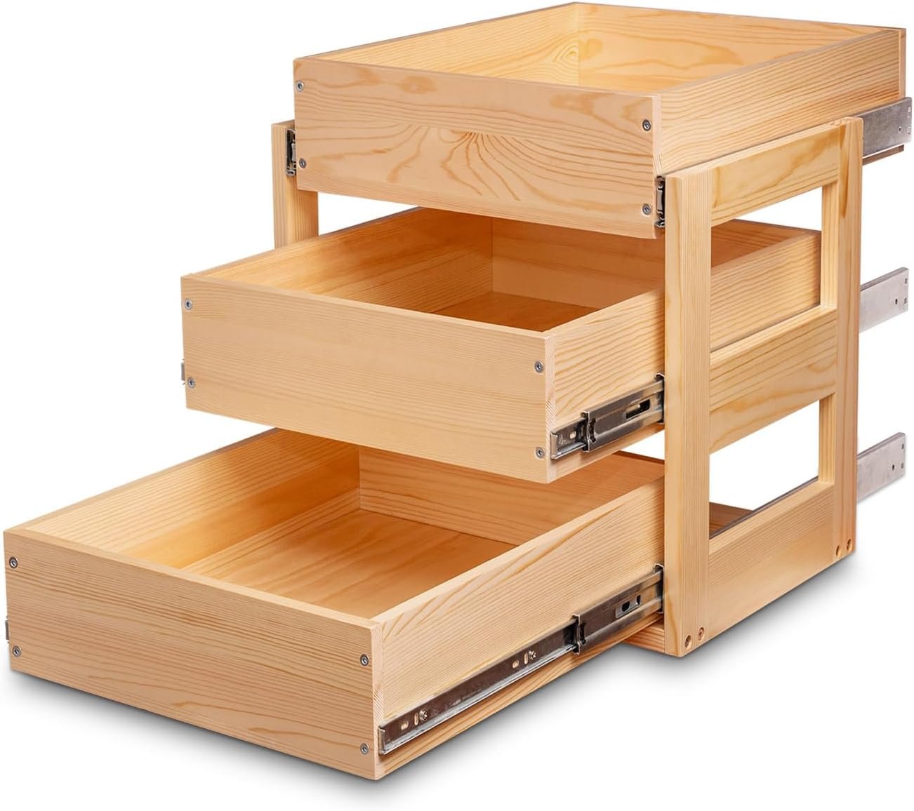 Pull Out Drawers For Cabinets, 14”W×21”D×19”H Soft Close Slide Out Wood Shelves Storage Organizer for Kitchen, 3-Tier, Finished, Heavy-Duty, Bottom Assembly