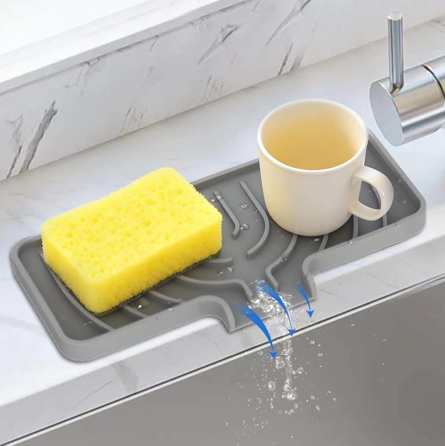 JACZZO Silicone Sponge Holder for Kitchen Sink, (10×4 In) Sink Caddy with Drain Spout, Self Draining Soap Tray & Organizer, Kitchen Accessories,Bathroom Organizer, Easy to Clean (Grey)