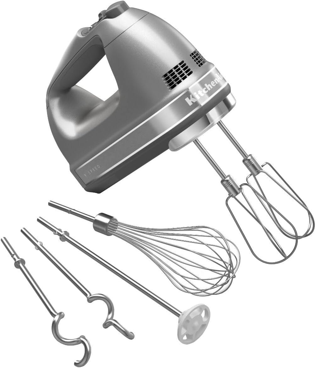 KitchenAid 9 Speed Hand Mixer, KHM926, Contour Silver | 9 Speeds, Pro whisk attachment, Stainless Steel Turbo Beater II for ideal mixing, dough hook, Dishwasher-safe accessories