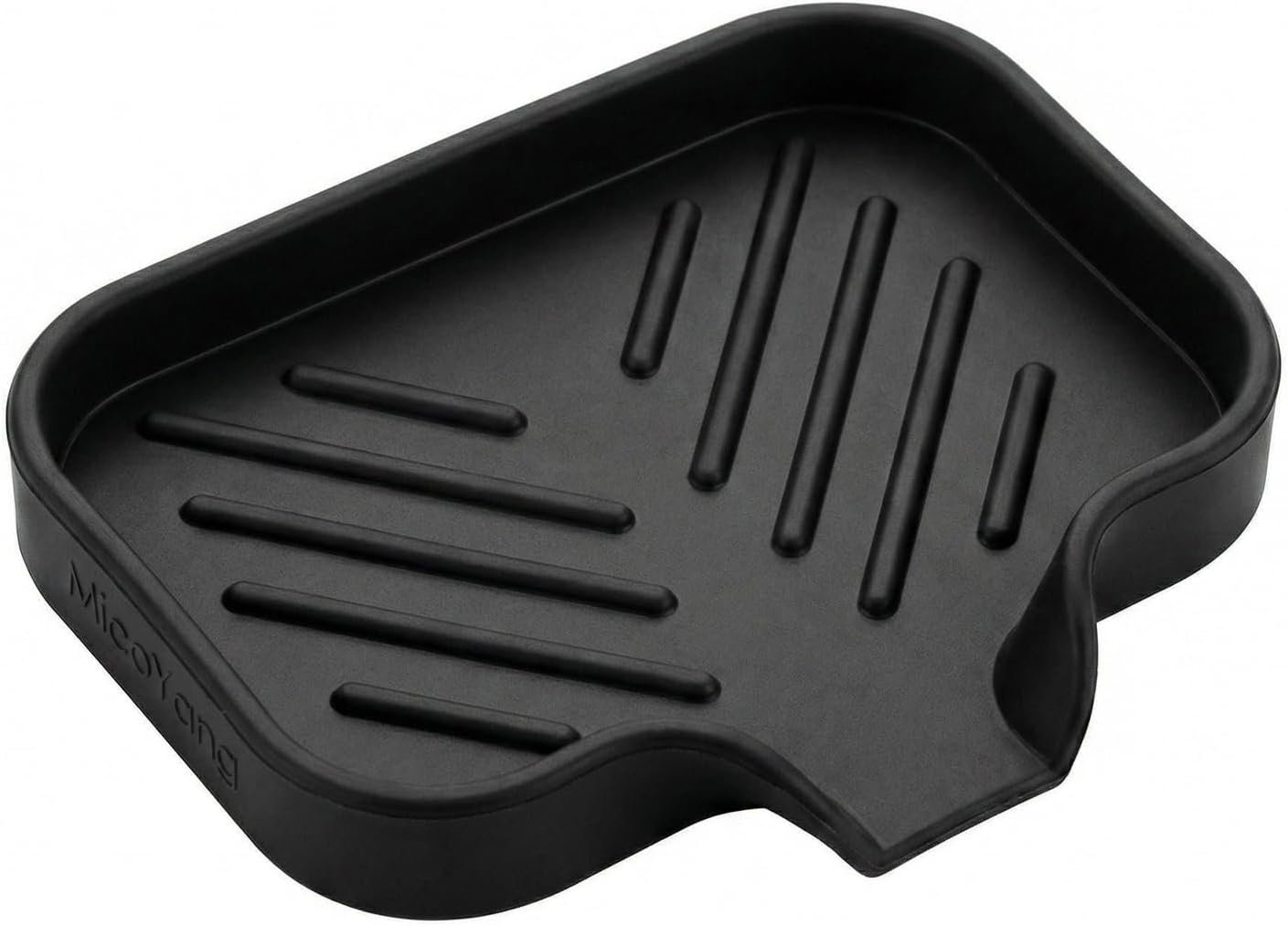 MicoYang Silicone Soap Dish with Drain Spout, Self-Draining Sink Organizer Tray for Bathroom and Kitchen, Sponges, Dispensers and Soap Holder, Non-Slip and Dishwasher Safe, Black (Compact, 4.9″×3.2″)