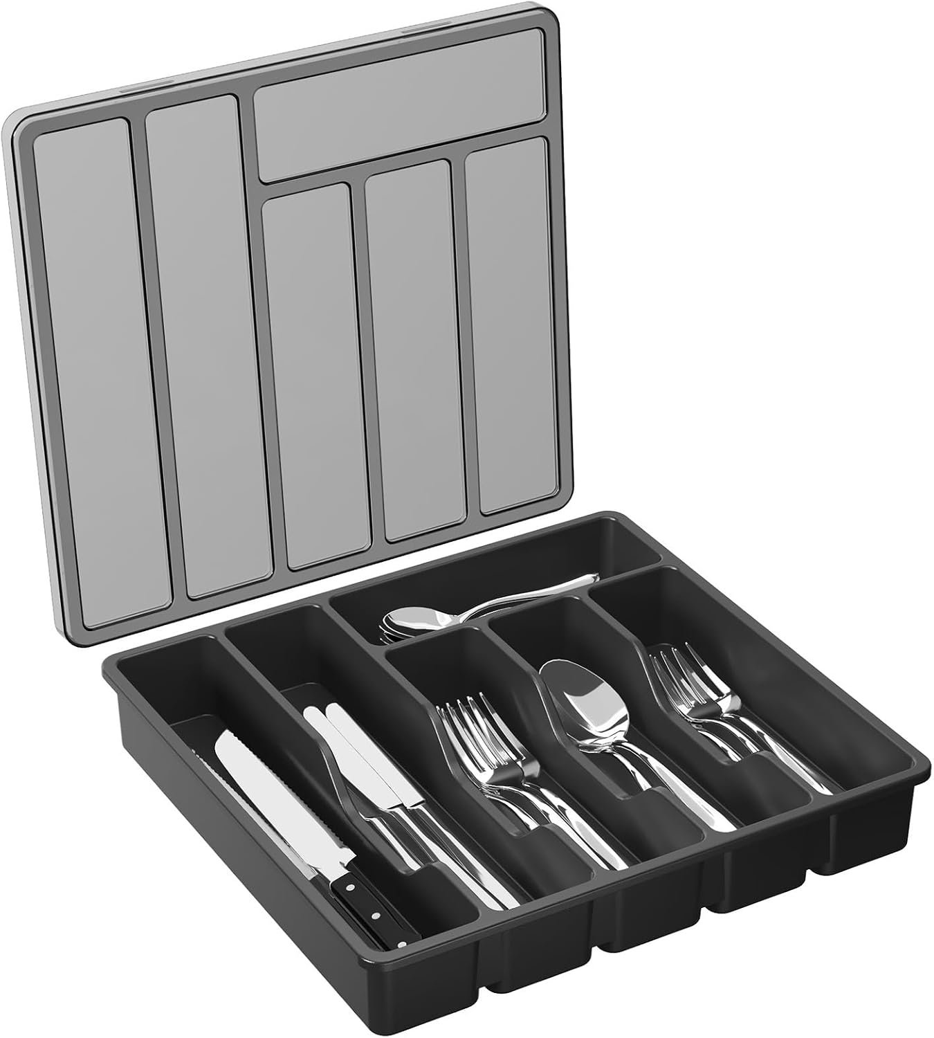 Lifewit Silverware Organizer with Lid, Covered Utensil Tray for Kitchen Drawer and Countertop, Plastic Cutlery and Flatware Storage Box for Spoons Forks Knives Holder Case, 12.6×11.8″, Black