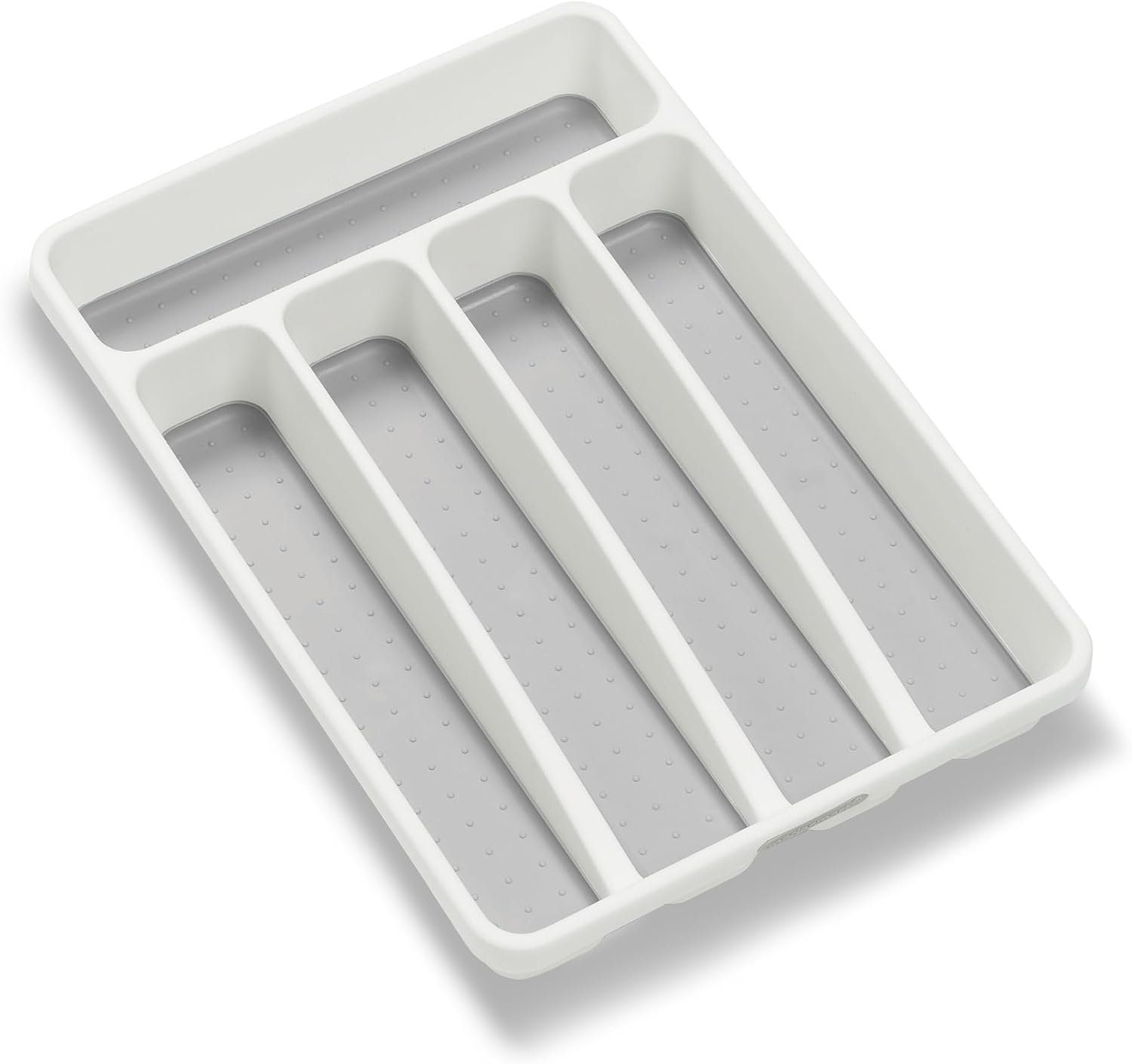 madesmart Classic 5 Compartment Compact Silverware Tray, White | non slip feet, rounded corners, branded icons, soft grip lining, forks knives spoons, flatware sorting, woman owned