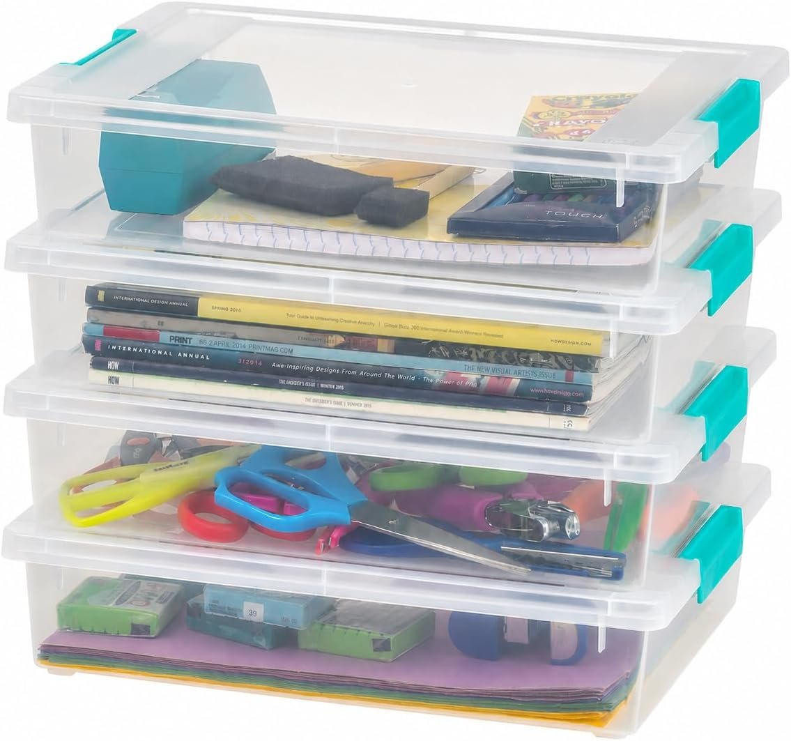 IRIS USA Storage Bins with Lids |Made in USA| 6 Qt – (4-Pack) – Clear | Sensory Craft Organizers, Plastic Clip Box Totes, Flat Containers for Organizing Paper, Office, Art & Study Supplies