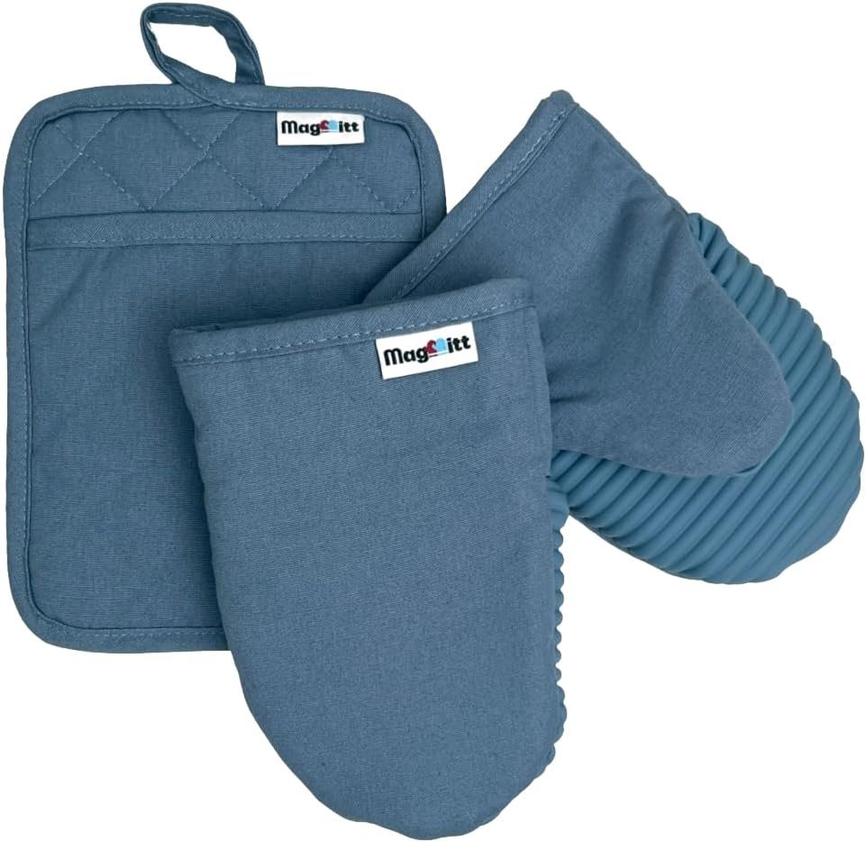 MagMitt Magnetic Oven Mitts & Pot Holder 3 Pc Set, Silicone, Blue Steel | Heat resistant to 500F; 2 mini mitts + 1 hot pad; magnets hold to fridge, oven or cast iron; machine washable cotton