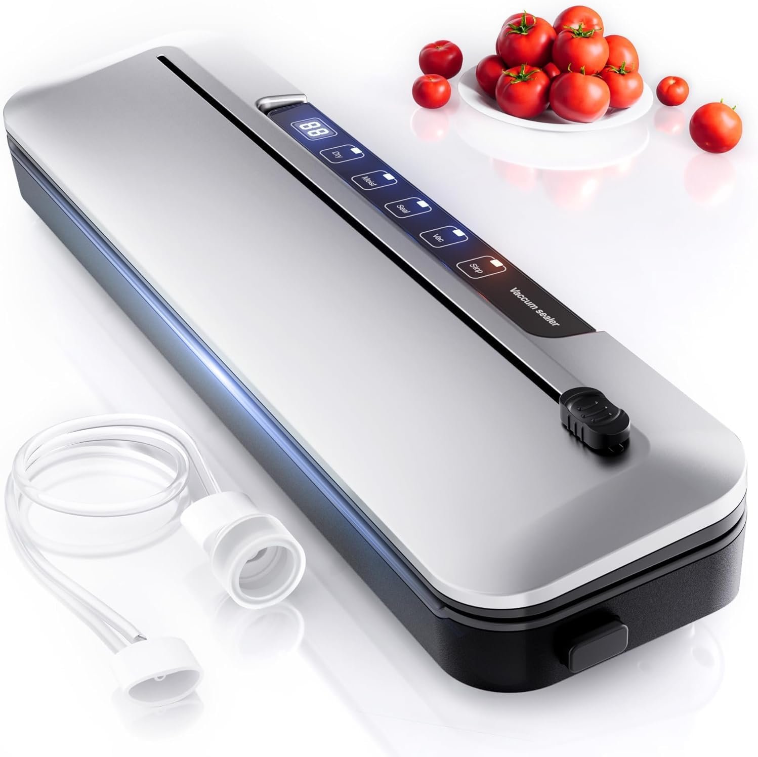 Vacuum Sealer Machine 75KPa Food with 6-in-1 Dry/Moist Modes & Digital Timer, Compact Lightweight Design, Built-in Cutter + 10 Bags (Black Silver)