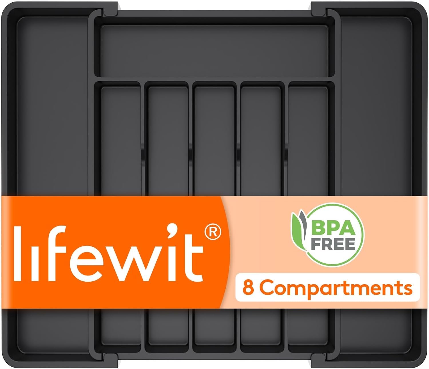 Lifewit Silverware Drawer Organizer, Expandable Utensil Tray for Kitchen, BPA Free Flatware and Cutlery Holder, Adjustable Plastic Storage for Spoons Forks Knives, 11-18 x 14″, Black