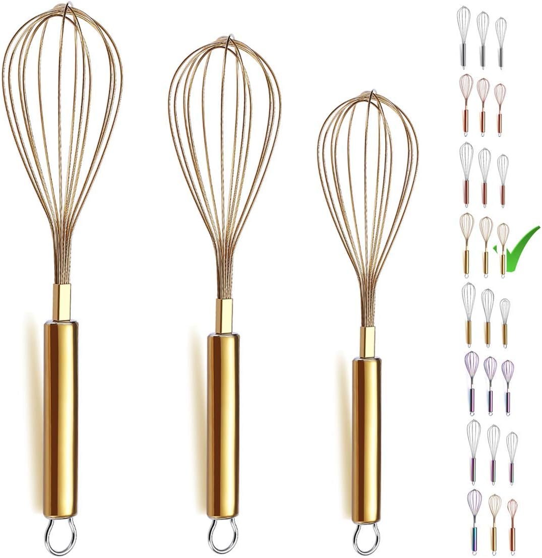 Berglander Gold Whisk Pack of 3 Stainless Steel 8″,10″,12″, Titianium Plating Whisks for Cooking, Beater,Wire Whisk Set Kitchen Wisk (Gold)
