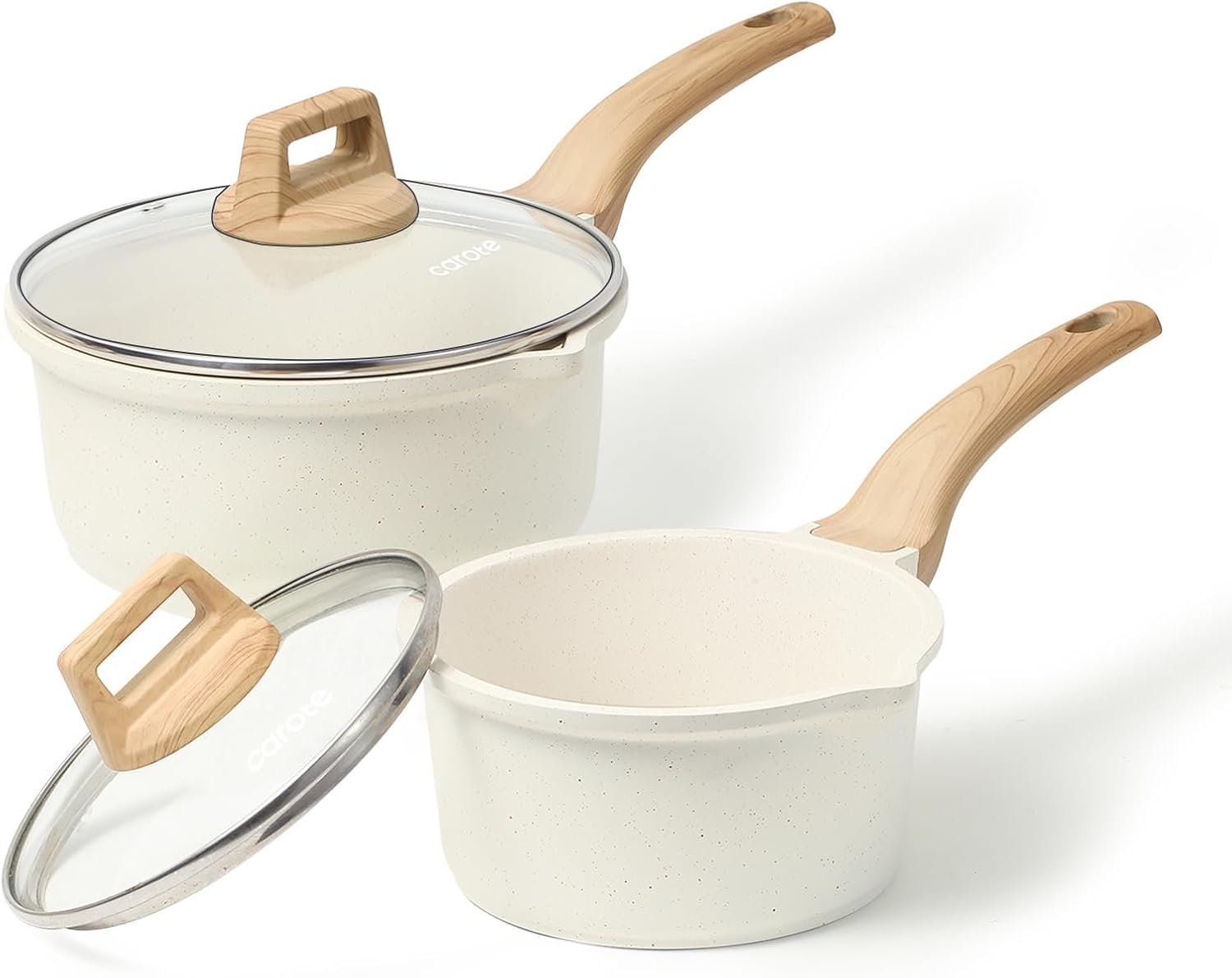CAROTE Nonstick 1.5Qt & 3.0Qt Sauce Pan Sets with Lid, White | Kitchen Non Toxic Cookware with Stay-cool Handle, All Stovetops Compatible, Dishwasher Safe, PFOA Free