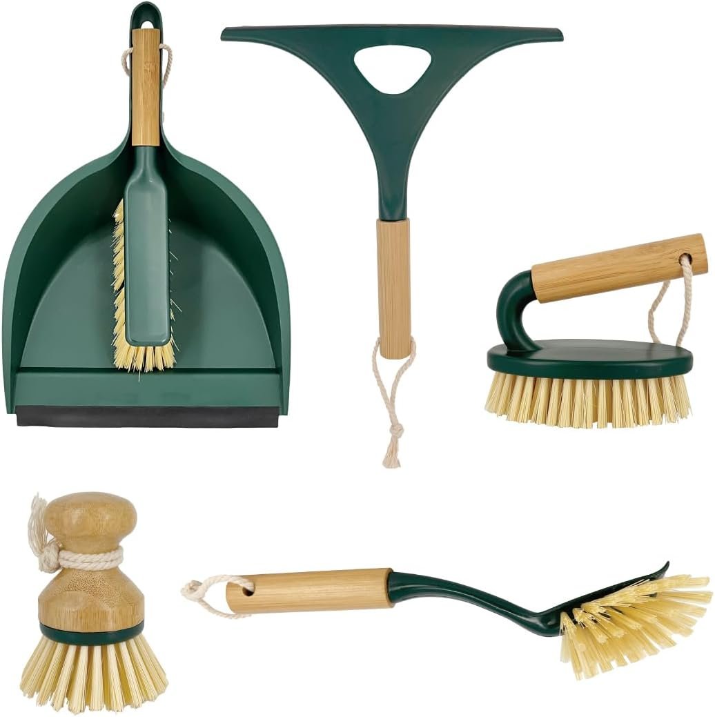 Pine-Sol Scrub Brush Cleaning Tool Set – Heavy Duty Brushes with Bamboo Handles, Dustpan, Shower Squeegee – Dishwashing, Kitchen, and Bathroom Cleaning Supplies, 6 Pieces