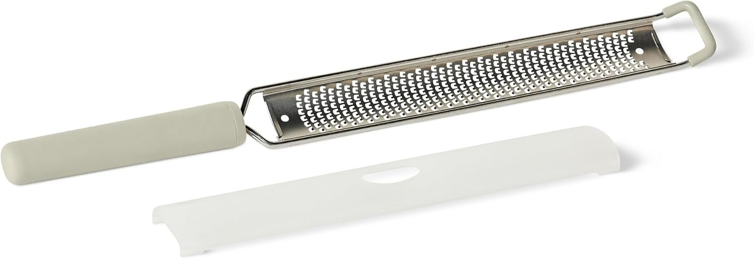 Amazon Basics Zester and Grater Tool, Stainless Steel, Rust-Resistant, Non-Slip Soft Grip Handle, Dishwasher-Safe, Linen Gray