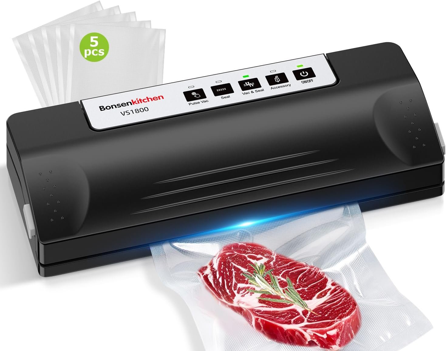 Bonsenkitchen Vacuum Sealer Machine for Food Storage,Black-Silver | Multi-Functional Food Sealer, 65kPa Suction, External Vacuum System , Compact Design with 5 Vacuum Bags