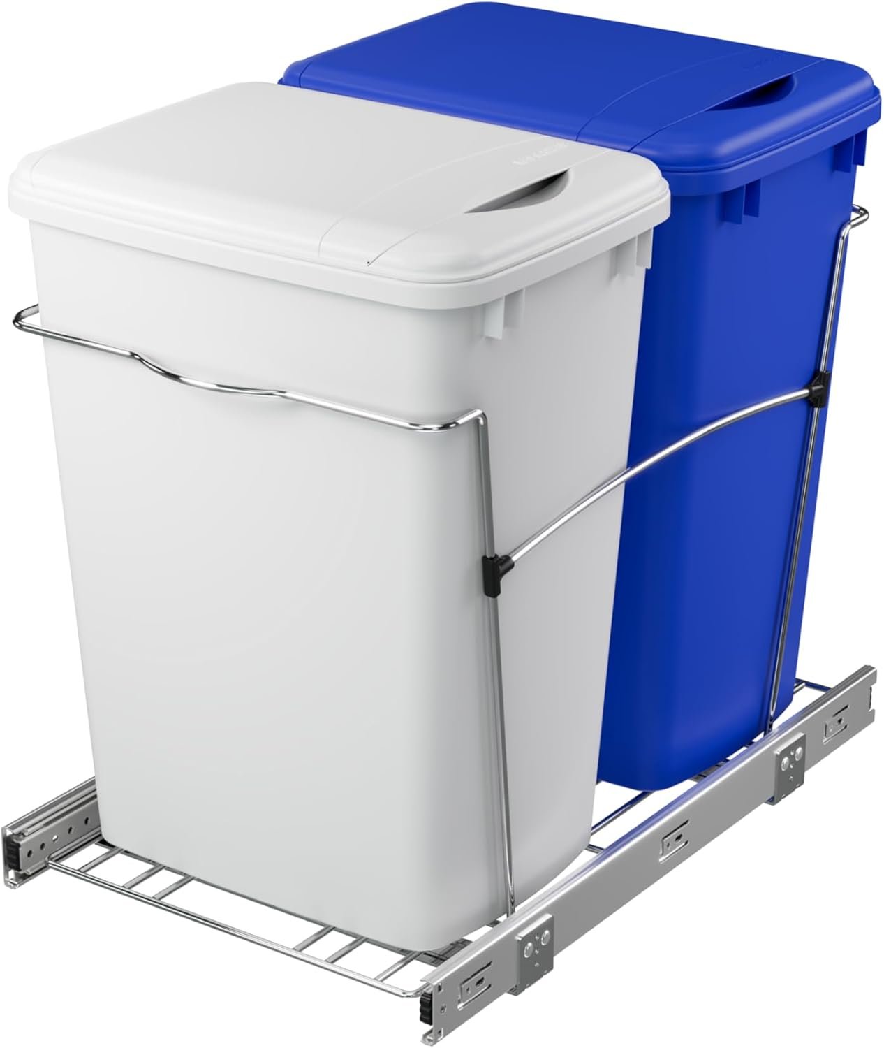Rev-A-Shelf Double Pullout Garbage Trash Cans for Kitchen Cabinets, 35 Qt | Large Capacity Waste/ Recycling Bins, Heavy Gauge Wire Construction, with Full Extension Slides, Blue/White, RV-18KD-11RC-S