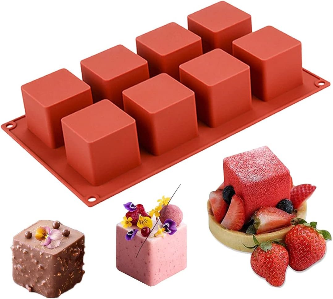 JOERSH Cube Cake Silicone Mold, 2″ x 2″ x 2″, 8-Cavity | 3D Square Mini Mousse Cake Baking Mold, French Dessert Molds, Non Stick, For Chocolate, Jello, Brownie Bites, Ice Cream Cube