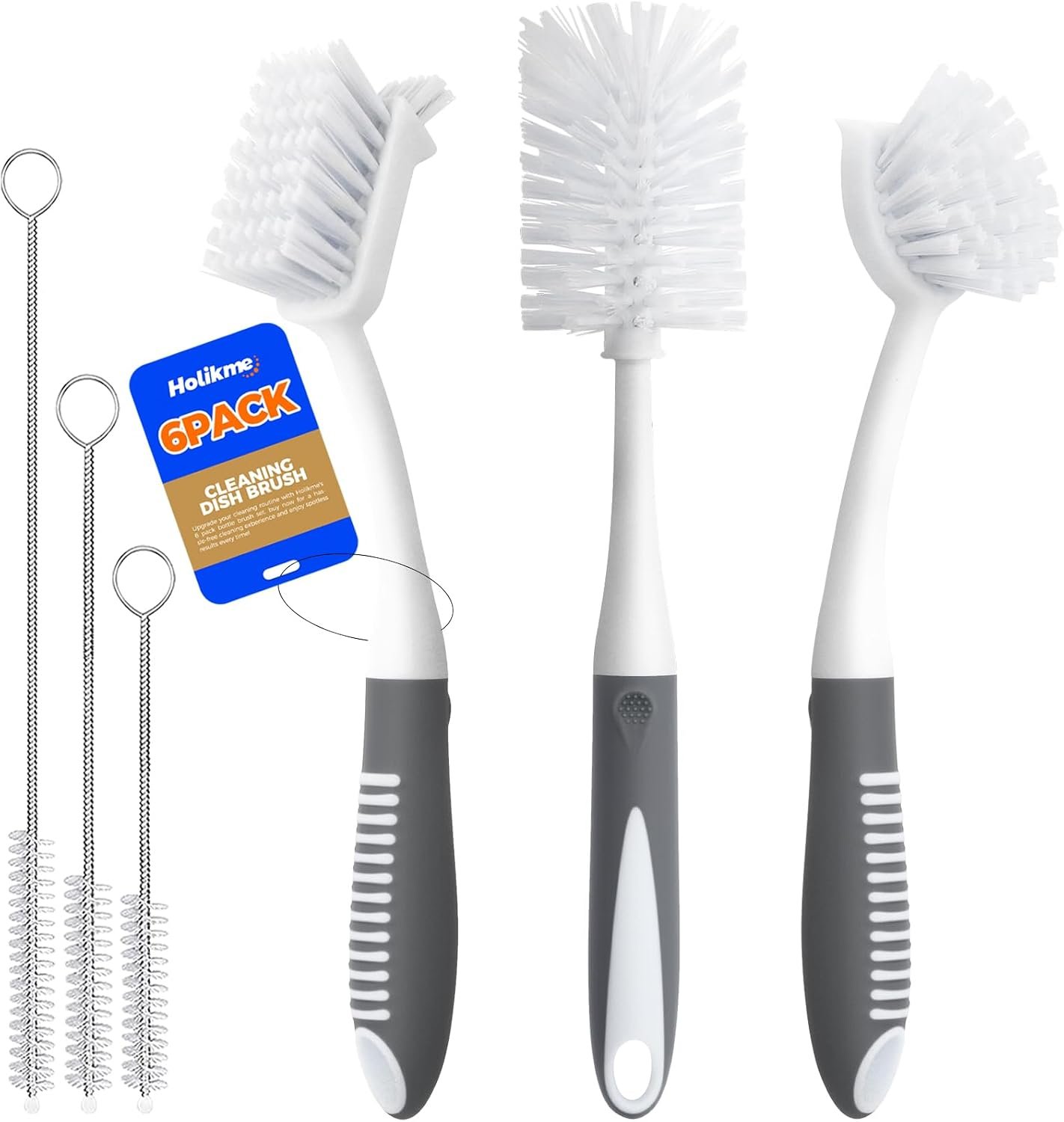Holikme 6 Pack Dish Brush Set with Bottle Brush, Dish Scrub Brush,Gray | Pan Brush and 3 Straw Brushes, Deep Cleaning Handle Brush with Scraper Tip for Kitchen Sink Dishes Bottle Cup Pot and Pans
