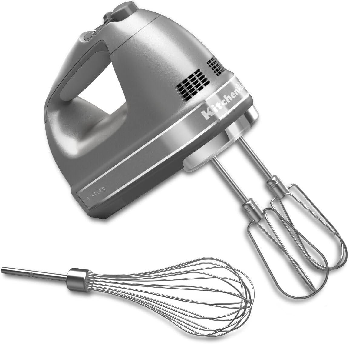 KitchenAid 7 Speed Hand Mixer, KHM7210, Contour Silver | 7 Speeds, Pro whisk attachment, Stainless Steel Turbo Beater II, lockable swivel cord, Dishwasher-safe accessories