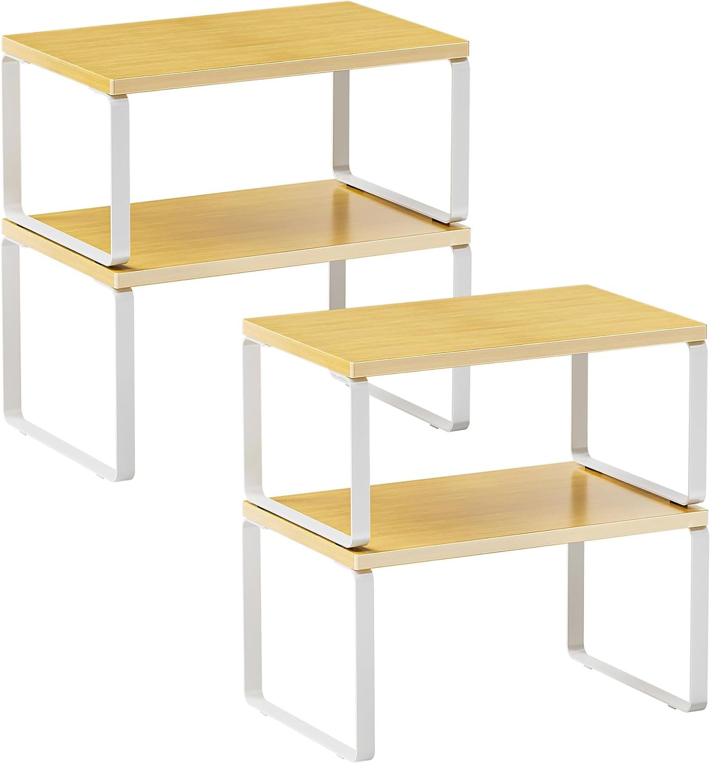 LAMU Cabinet Organizer Shelf, Set of 4 Expandable Kitchen Counter Shelve Plate Organizer for Cabiner, Stackable Spice Rack, CupBoard Organizers and Storage, Wood