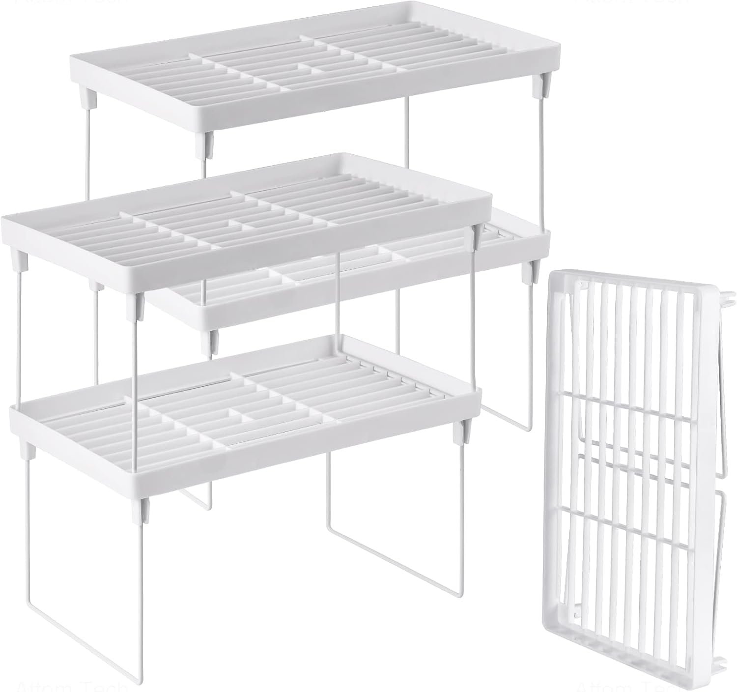 NiHome 4-Pack Stackable Plastic Kitchen Storage Shelf Foldable Rack, White | Stackable Kitchen Cabinet Organizer and Storage Shelves, Expandable Storage Racks for Counter Cabinet Pantry