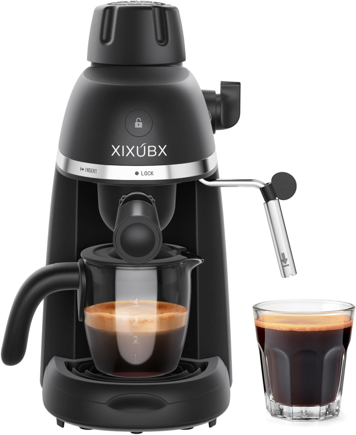 XIXUBX Compact Espresso & Cappuccino Machine, 3.5 Bar with Steam Wand | 800W Fast Heating, Safety Lock & Tritan Cup, One-Touch 4-Cup Brewing & Powerful Steam for Latte, Black for Home & Office