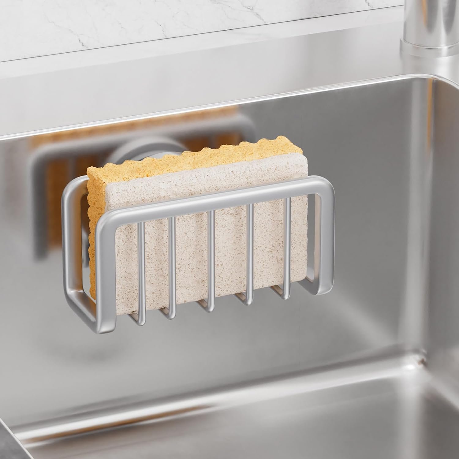 TAILI Sponge Holder for Kitchen Sink with Strong Suction Cup, Rustproof Aluminum Sink Caddy for Sponges, Removable Sponge Holder, Dish Brush for Scraper – Silver
