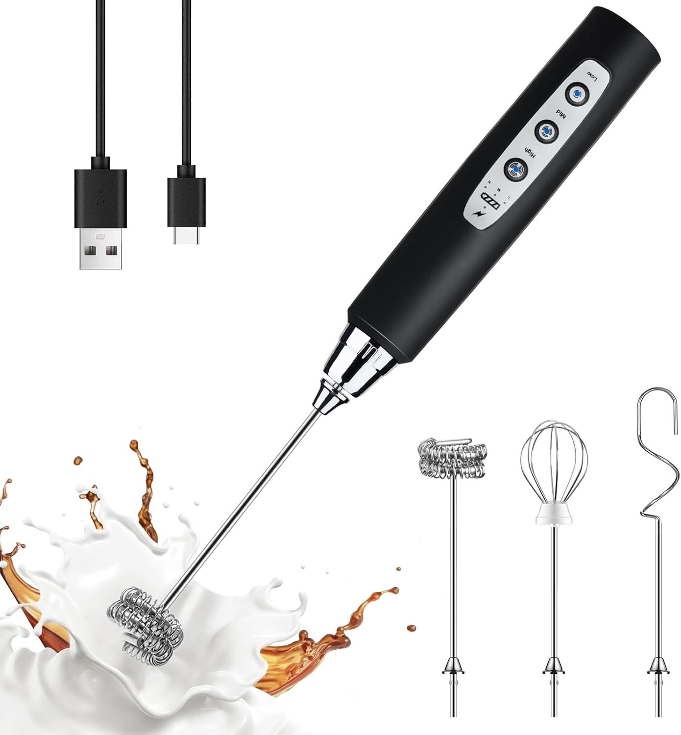 YUSWKO Handheld Milk Frother Wand for Coffee, Rechargeable Electric Whisk with 3 Heads 3 Speeds Drink Mixer Coffee Frother For Latte, Cappuccino, Hot Chocolate, Egg, Black