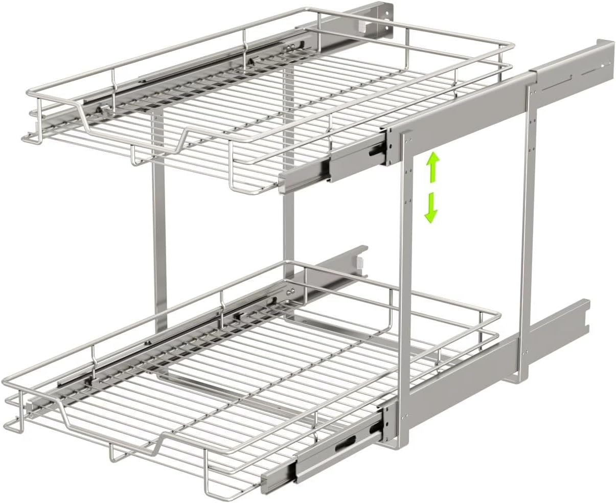 EZKAZA Pull Out Cabinet Organizer 14.5″ W x 21″ D, 2-Tier Kitchen Cabinet Pullout Shelf and Drawer Organizer Slide Out Pantry Storage Basket, 12.2″ W x 21″ D x 2.4″ H for Bottom Basket Size