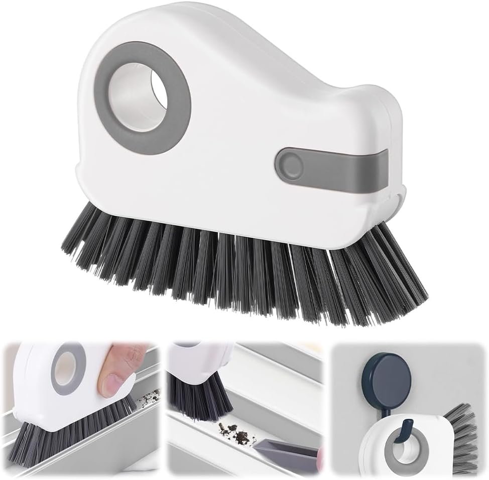 2 in 1 Groove Cleaning Brush, Window Track Cleaning Tools (Gray) | Multifunction Window Track Cleaner with Hard Bristle and Hidden Scraper, Crevice Brush for Sliding Door Track, Window Seal