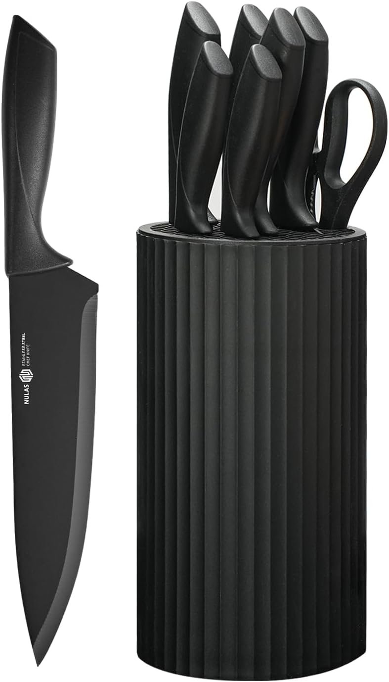 Knife Set, 8-Piece Kitchen Knife Set with Universal Block – Anti-Rust Chef Knives, Ergonomic Design, Dishwasher Safe (Black)