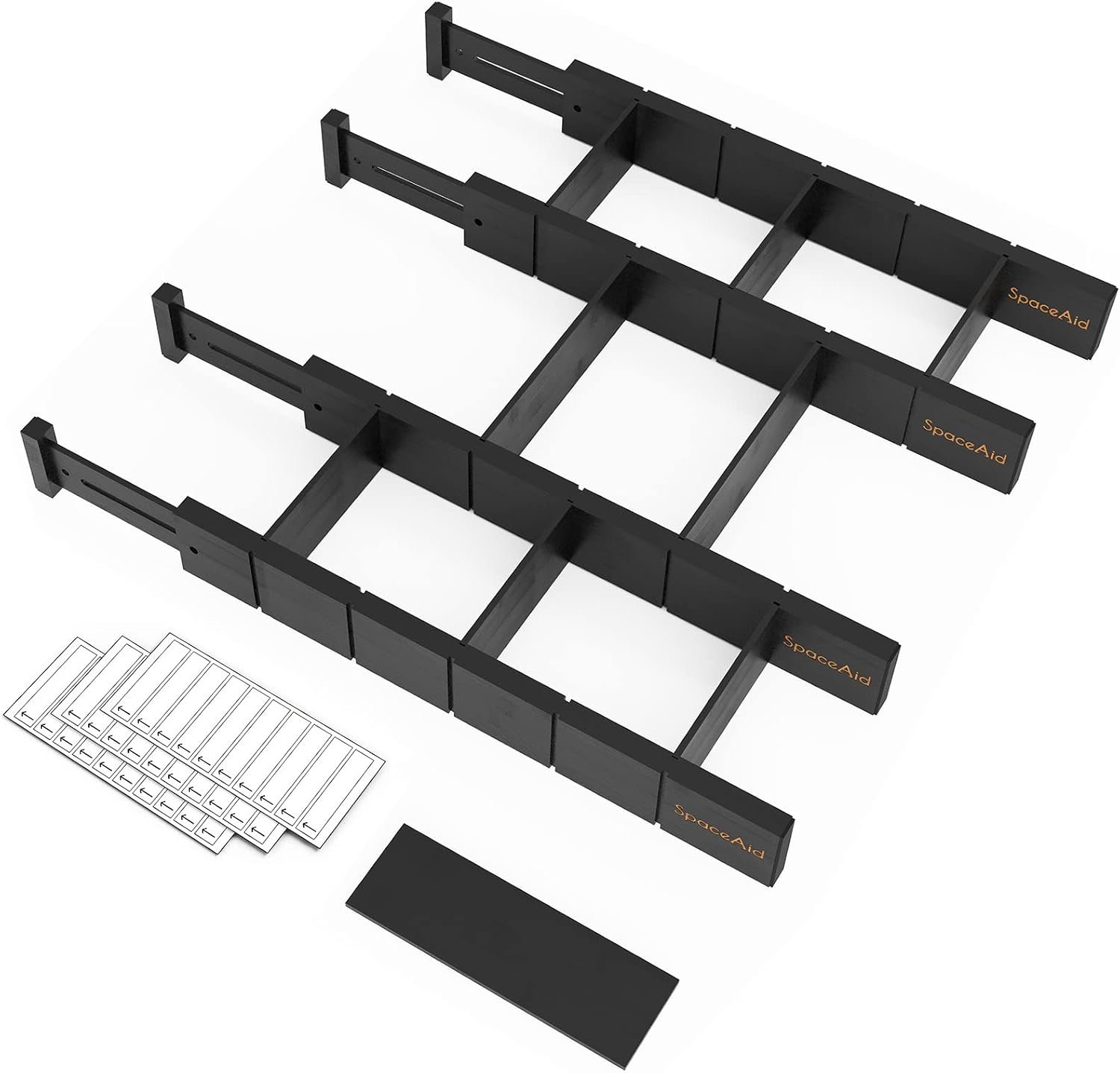 SpaceAid Bamboo Drawer Dividers with Inserts and Labels, Kitchen Adjustable Drawer Organizers, Expandable Organization for Home, Office, Dressers, 4 Dividers with 9 Inserts (17″-22″ Black)