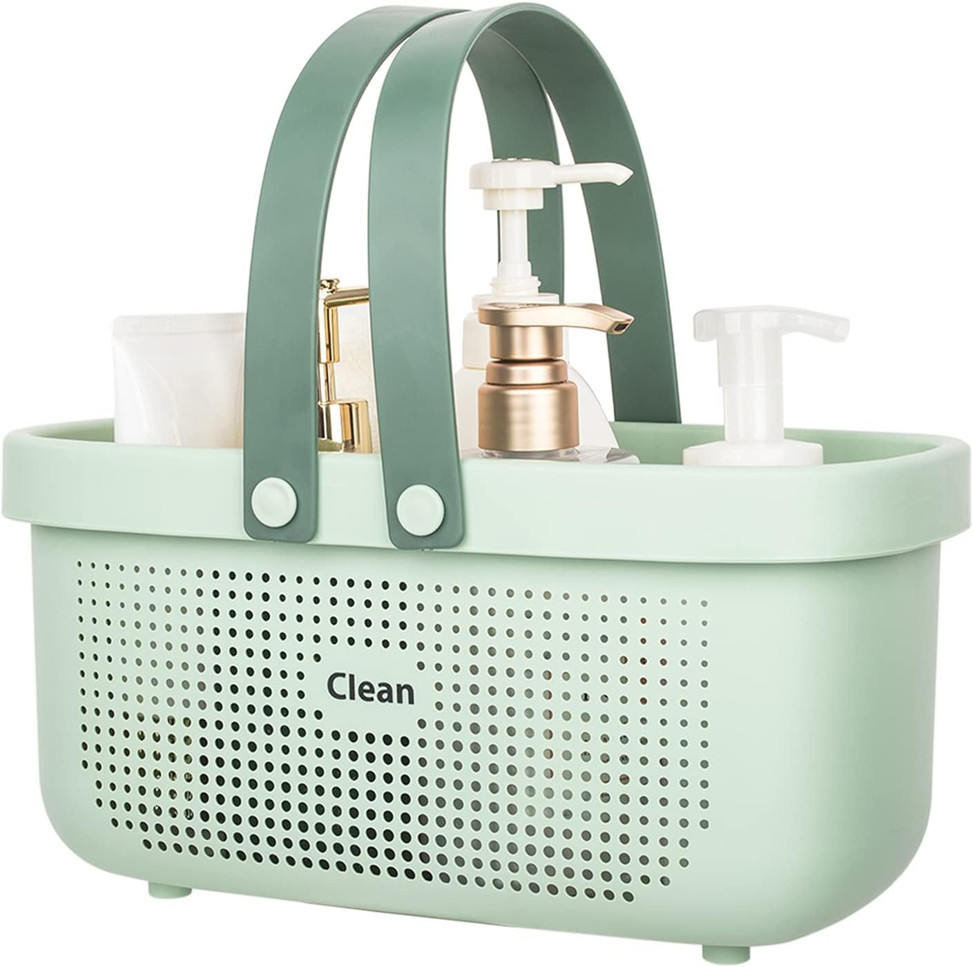 JiatuA Plastic Storage Basket with Handle Portable Shower Caddy Tote Organizer Basket Bin for Bathroom Kitchen Dorm Room Bedroom, Green | Sturdy Drainage Large Capacity Organizer Basket with Silicone Handles for Bathroom Kitchen Bedroom College Dorm Essentials