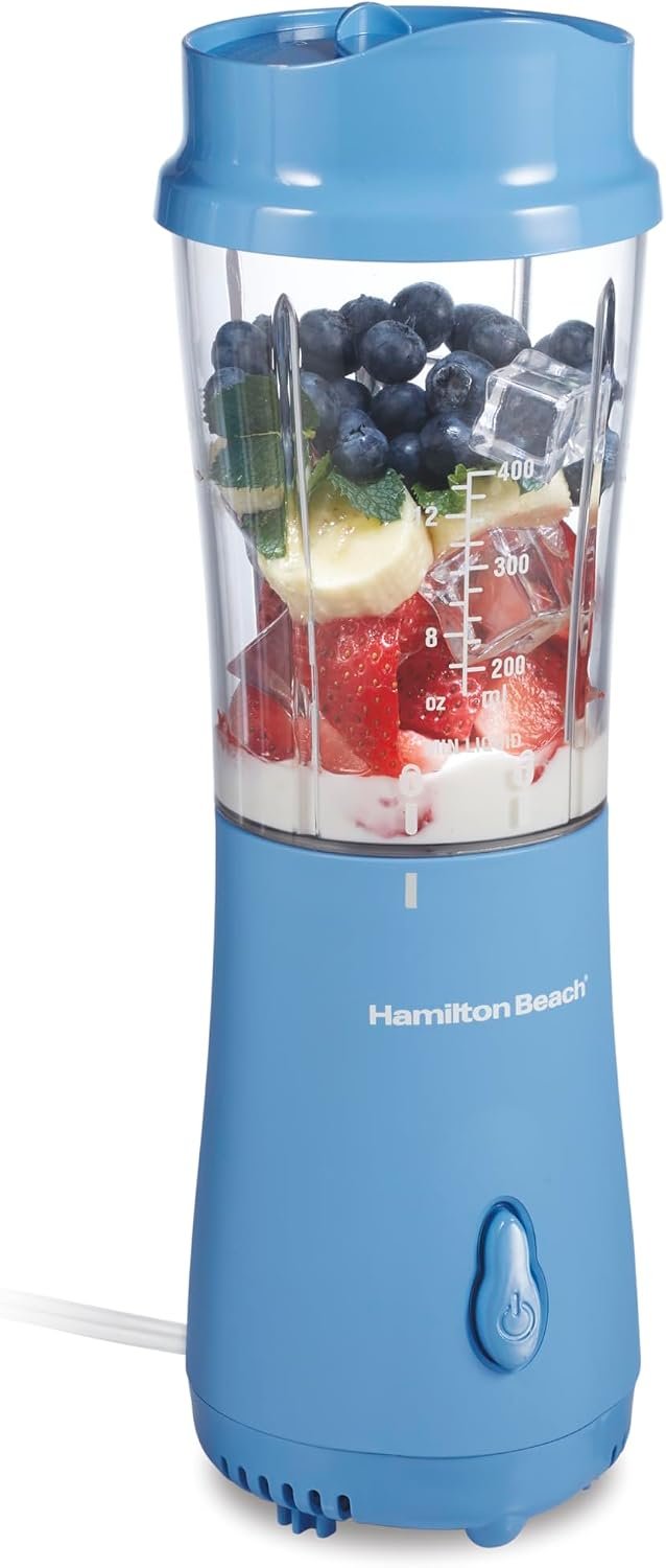 Hamilton Beach Portable Blender for Smoothies With 14 oz. Travel Jar | BPA Free Jar & Lid | Durable Stainless Steel Blades | 300 Watts Peak Power | Personal Smoothie Blender | Blue | 51172G