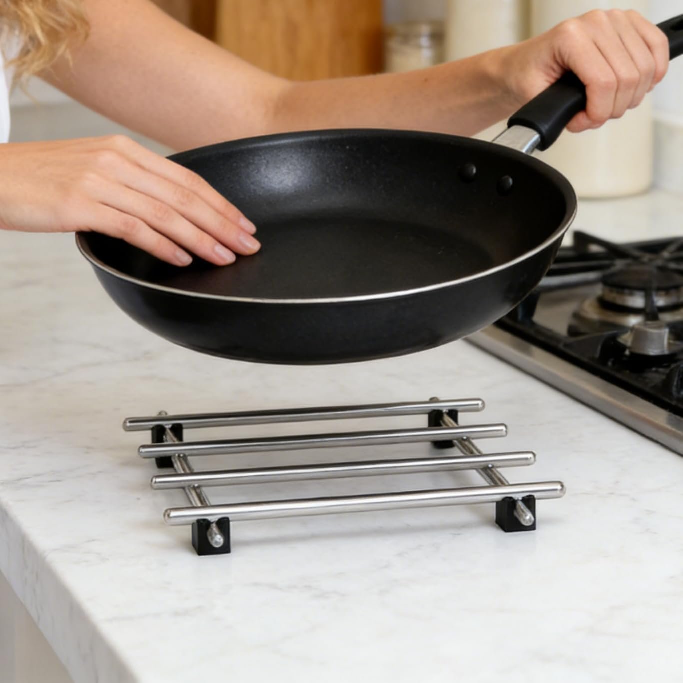 Heat Resistant Trivet for Hot Pots and Pans Metal Lightweight Durable Stainless Steel Kitchen Countertop Protector 7×7 Inch Heat Protection Rack for Heavy Cookware Griddle