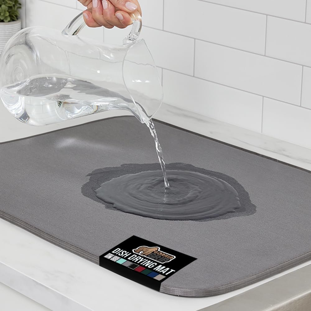GORILLA GRIP Ultra Water Absorbent Microfiber Dish Drying Mat, Quick Dry Thick Mesh, Slip Resistant Pad for Sink Dishes or Under Rack, Kitchen Counter Accessories, 16×18, Machine Wash Mats, 18×16 Gray