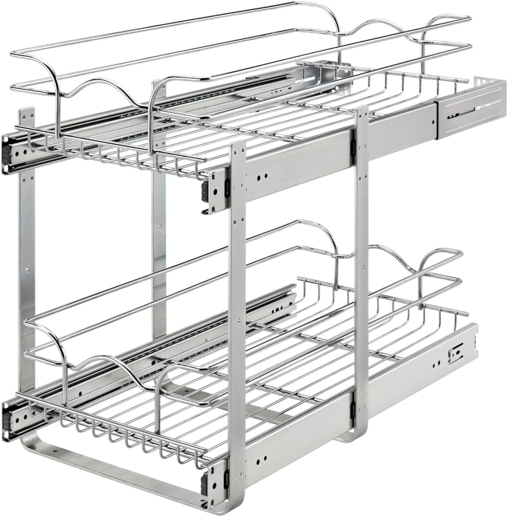 Rev-A-Shelf Pullout Organizer for Cabinets, Min Opening Width of 11.5″ | Two-Tier Steel Shelf for Kitchen or Vanity Cabinet Organization, Heavy Gauge Wire Slide Out Storage Basket, 5WB2-1222CR-1