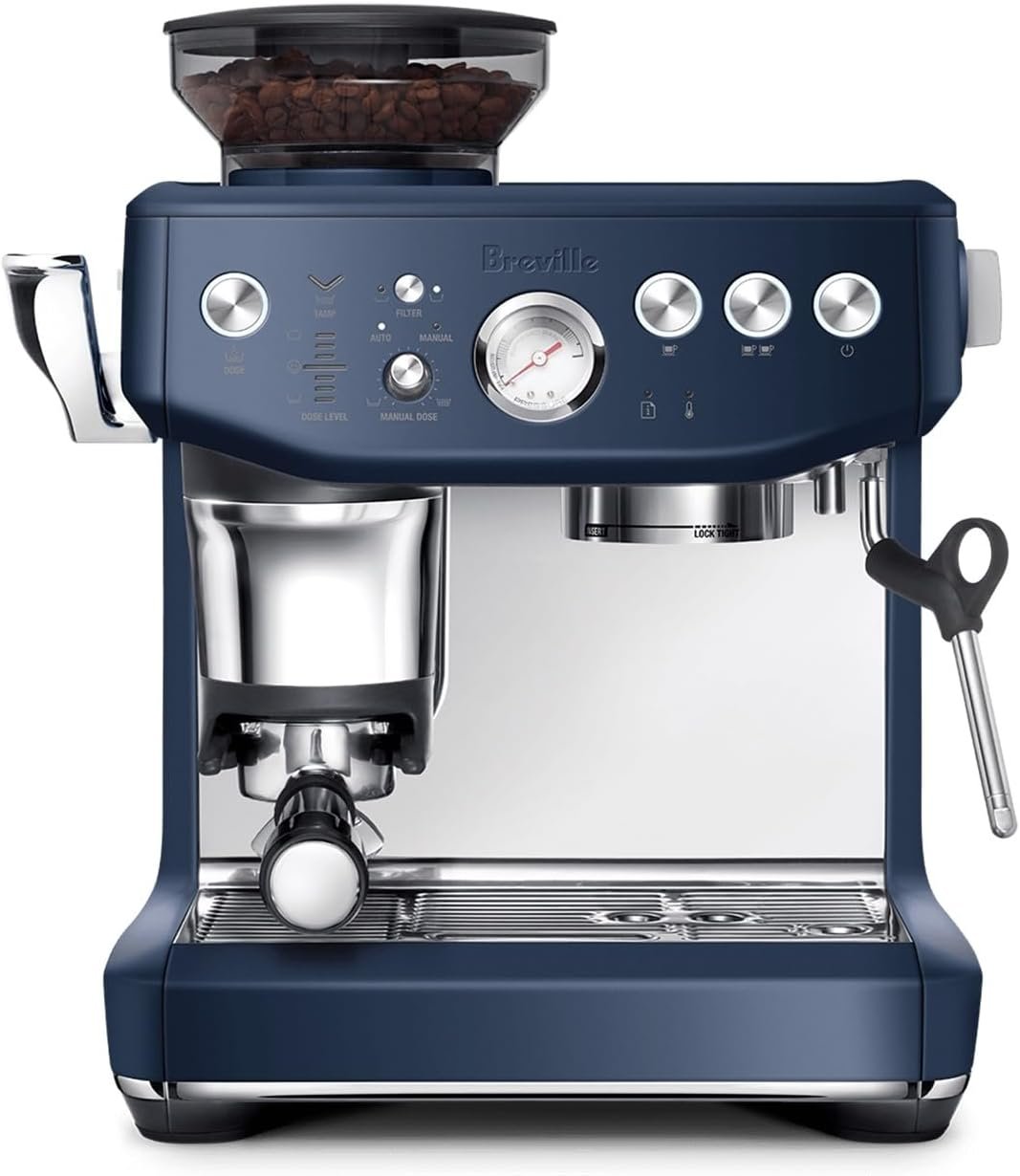 Breville BES876DBL Barista Express Impress, Damson Blue | Craft café-quality lattes and cappuccinos at home with this semi-automatic espresso machine with built-in grinder