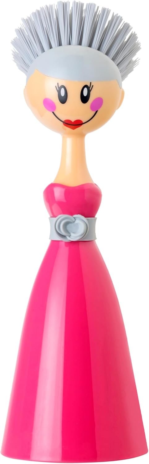 Vigar Dolls Dish Brush with Handle and Holder – Dish Scrubber Brush for Dishes and Pans, Kitchen Scrub Brush, Dishwashing Brush for Kitchen Sink Cleaning, Cute Standing Dish Brush Design – Pink, Gray