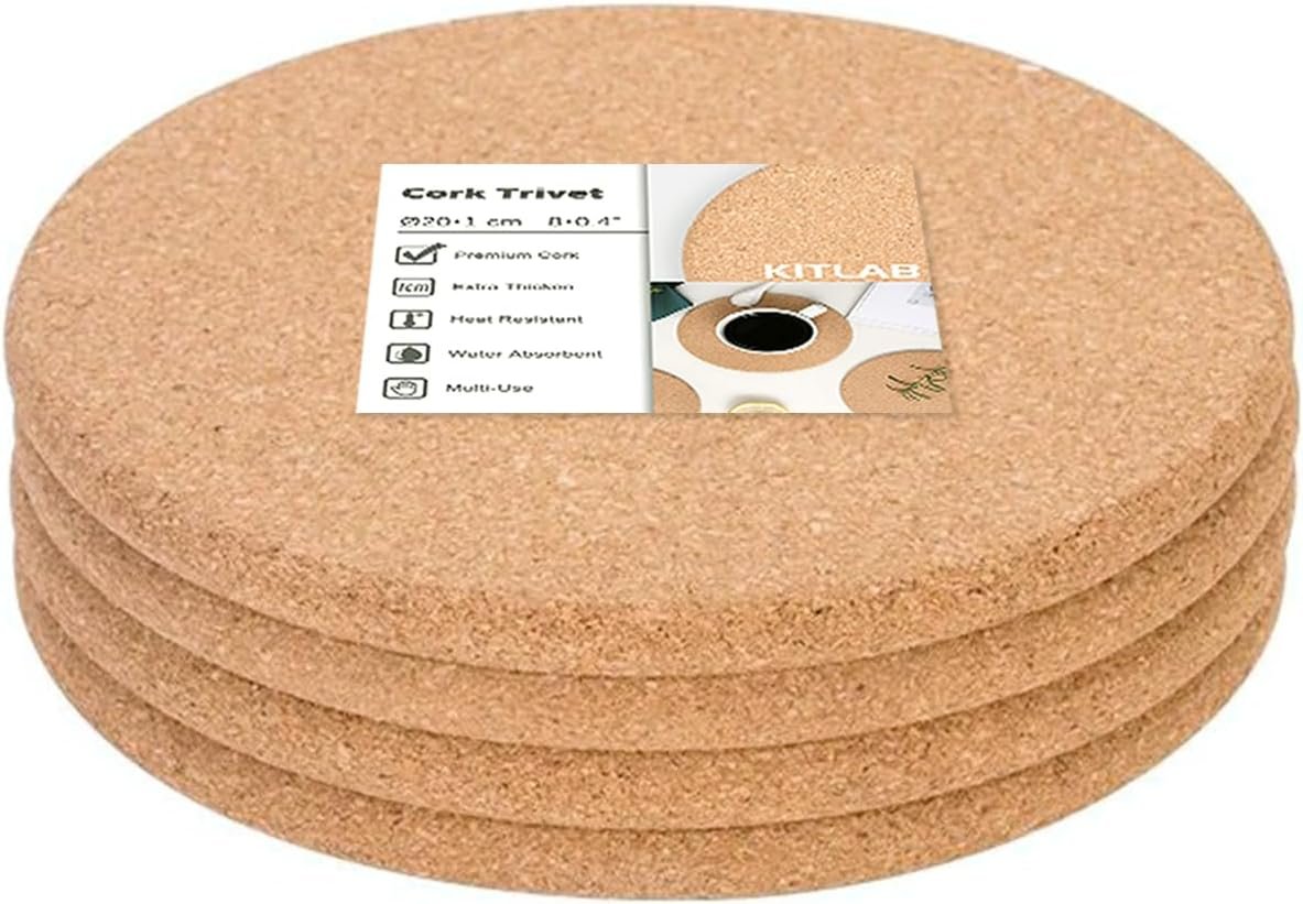 Cork Trivets for Hot Dishes, Hot Pots and Pans, 8 Inch 4 Pcs | High Density Thick Cork Trivet, Heat Resistant, Large Coaster for Kitchen, Kitchen Essentials, Hot Pads for Countertop