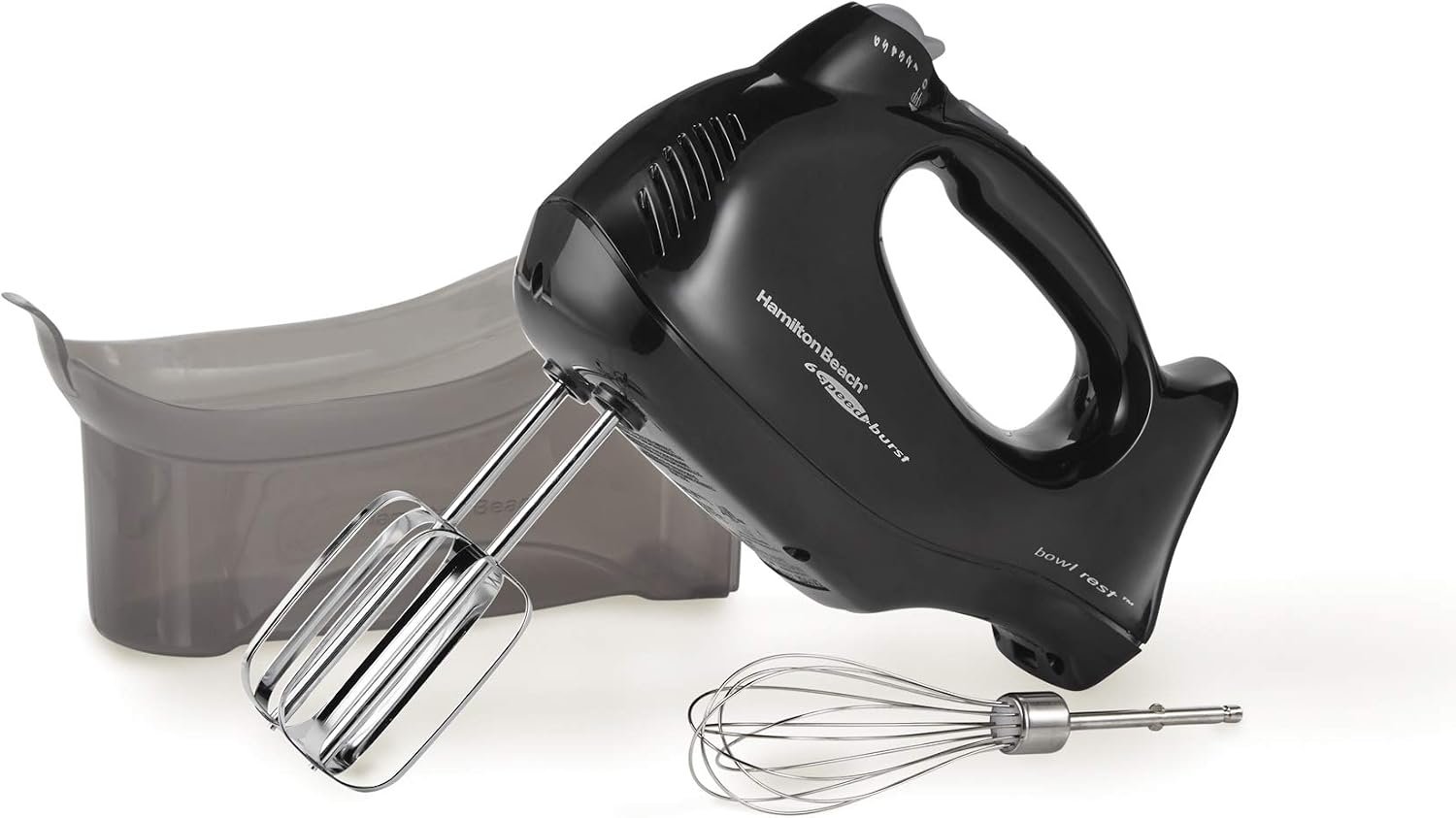 Hamilton Beach Power Deluxe 6-Speed Electric Hand Mixer With QuickBurst | Powerful 250 Watt Motor | Traditional Beaters | Whisk | Snap-On Storage Case | Bowl Rest | Black | 62692