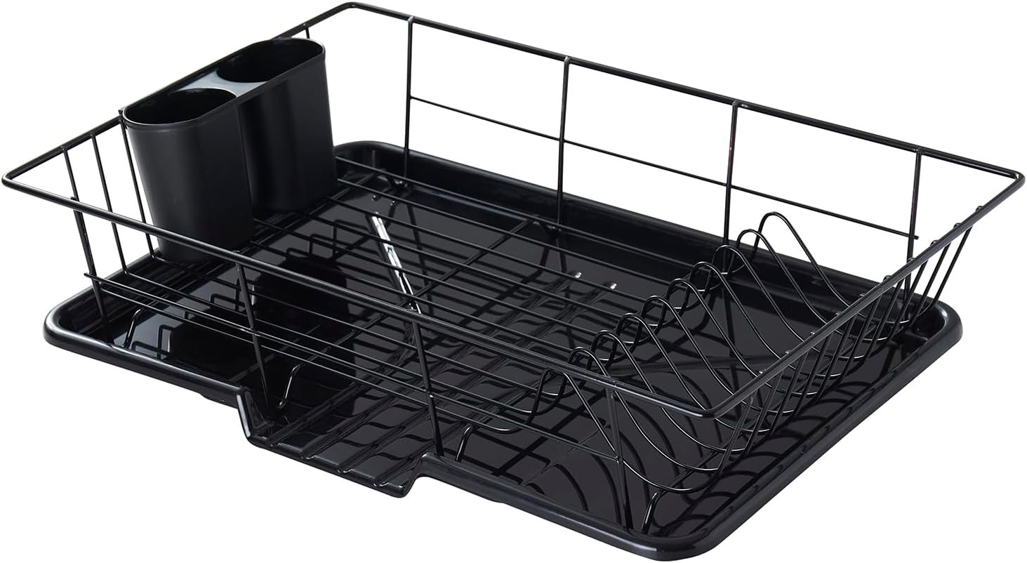 Space-Saving 3-Piece Dish Drainer Rack Set with Cutlery Holder – Maximize Countertop Space, Black