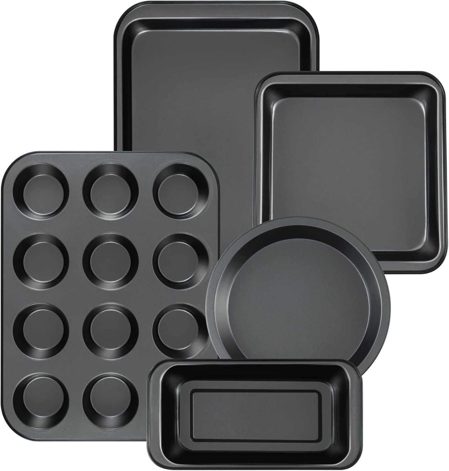 mobzio Kitchen 5-Piece Nonstick Bakeware Set – Round/Square Cake Pans, Muffin Pan, Loaf Pan, Roast Pan & Baking Sheets