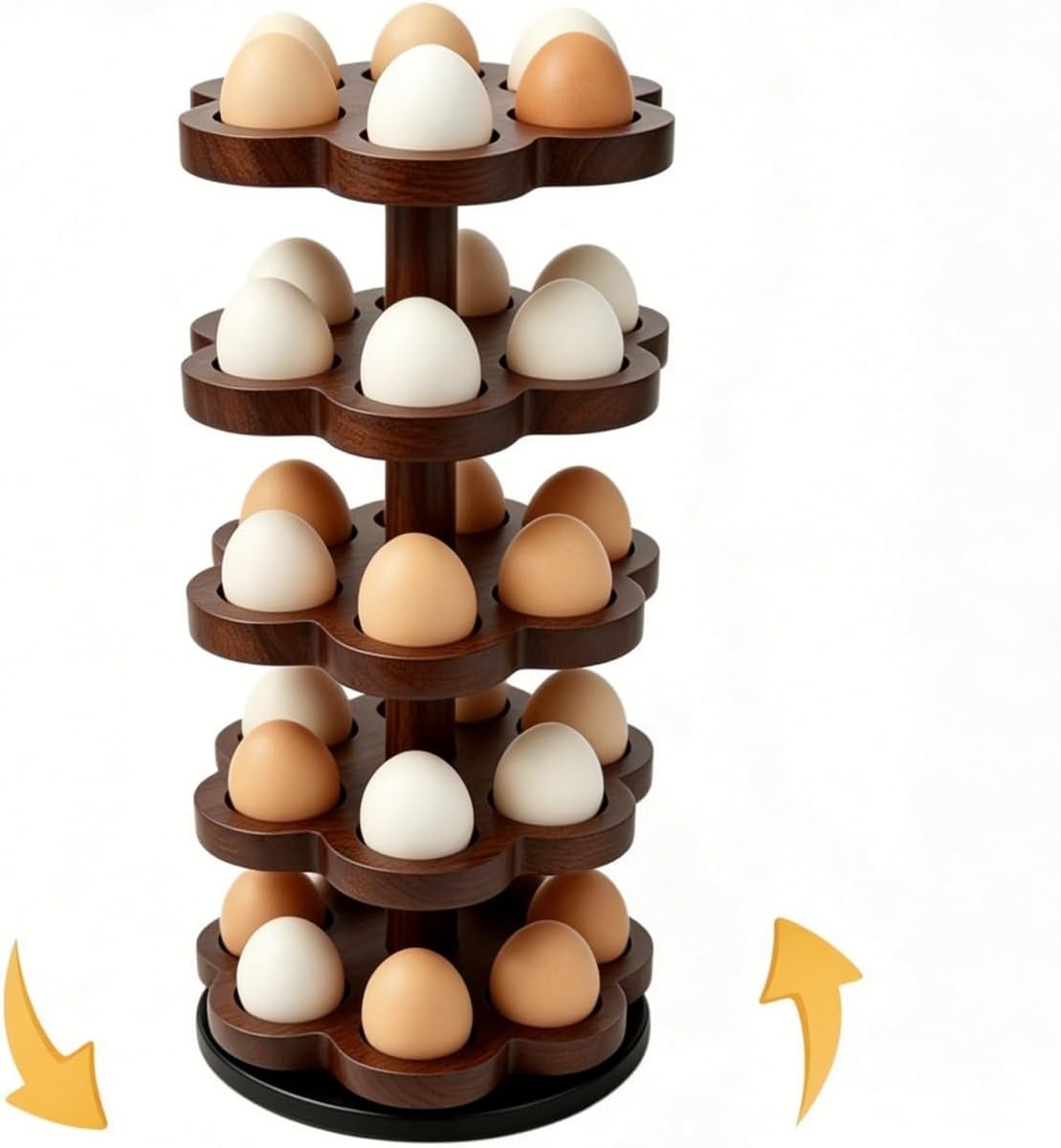 360° Rotating Wooden Egg Holder for 30 Eggs (Brown) | petal-shaped tray, 5 tiers, 6 egg slots per layer, solid wood, farmhouse countertop organizer, for kitchen and Easter display