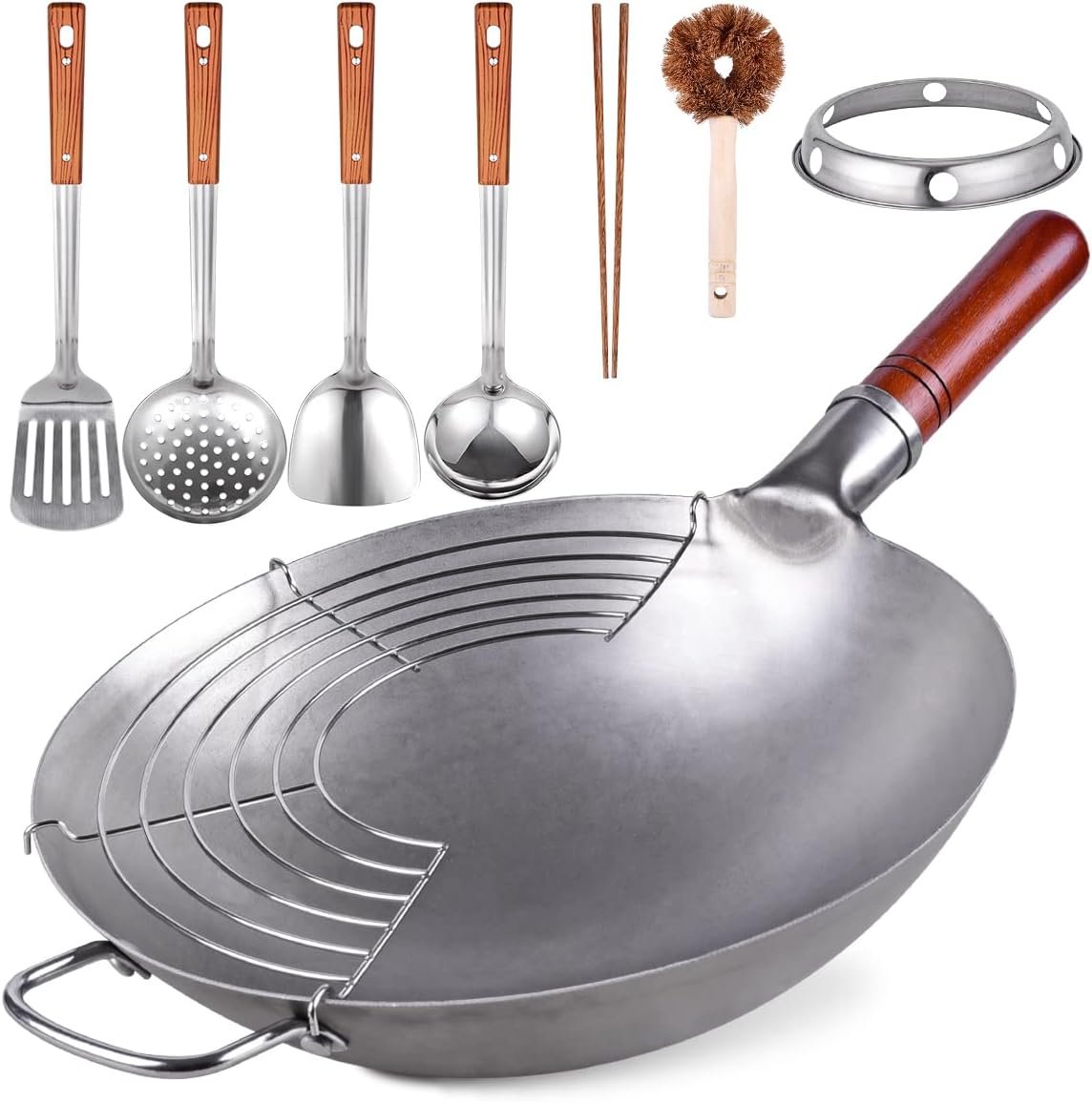 Teewe Carbon Steel Wok Traditional Hand Hammered – 13.4″ Chinese Woks Round Bottom Wok Pan Set with 8 Pcs Cookware Accessories
