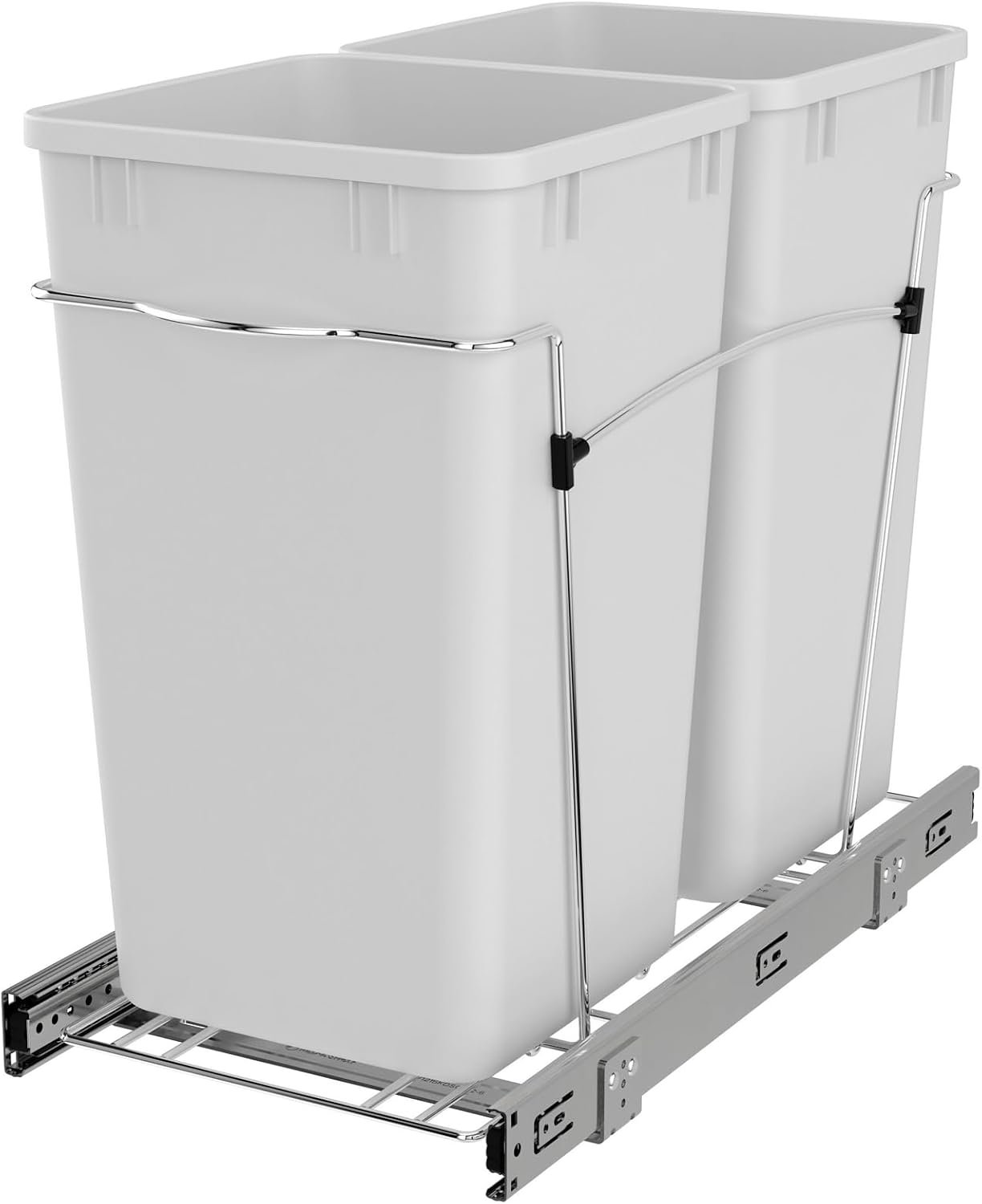 Rev-A-Shelf Double 27 Qt Pullout Trash Can for Base Kitchen Cabinets, Garbage Waste Bin System with Full Extension Slides, Min Opening Width of 11.5″, White, RV-15KD-11C S
